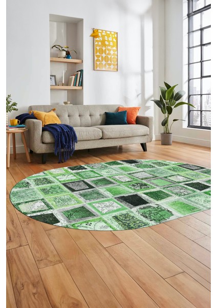 Baskılı Kaymaz Taban Yıkanabilir Patchwork Desen Oval Yolluk Salon Halısı, O-Patchwork-14-Yeşil,