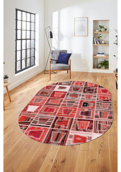 Baskılı Kaymaz Taban Yıkanabilir Patchwork Desen Oval Yolluk Salon Halısı, O-Patchwork-11-Kırmızı,