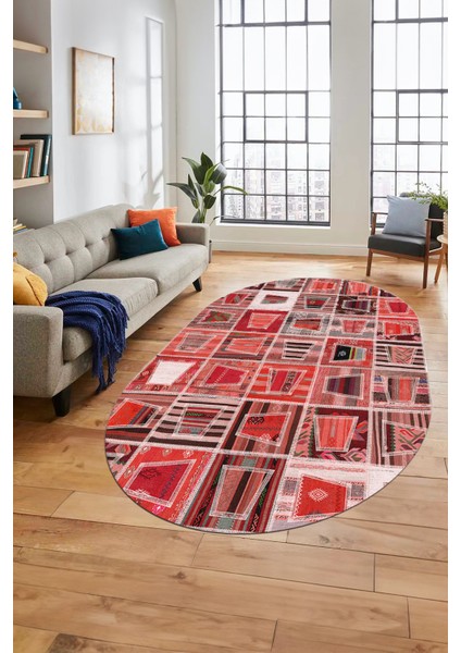 Baskılı Kaymaz Taban Yıkanabilir Patchwork Desen Oval Yolluk Salon Halısı, O-Patchwork-11-Kırmızı,