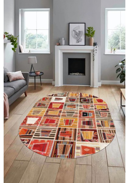 Baskılı Kaymaz Taban Yıkanabilir Patchwork Desen Oval Yolluk Salon Halısı, O-Patchwork-11-Renkli, modelleri