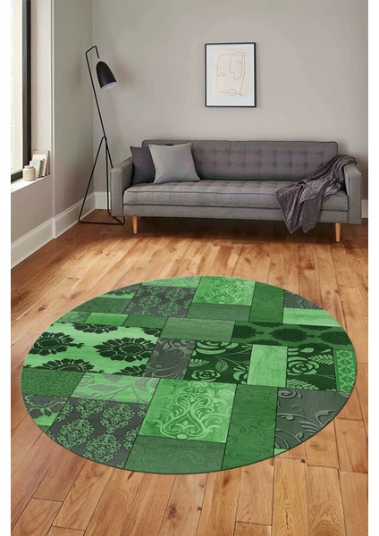 Baskılı Kaymaz Yıkanabilir Patchwork Desen Yuvarlak Mutfak Salon Halısı, Y-Patchwork-16-Yeşil, fiyatları