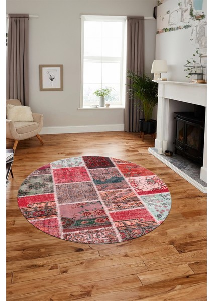 Baskılı Kaymaz Yıkanabilir Patchwork Desen Yuvarlak Mutfak Salon Halısı, Y-Patchwork-04-Kırmızı,