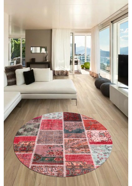 Baskılı Kaymaz Yıkanabilir Patchwork Desen Yuvarlak Mutfak Salon Halısı, Y-Patchwork-04-Kırmızı,