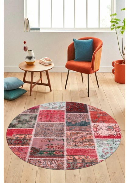 Baskılı Kaymaz Yıkanabilir Patchwork Desen Yuvarlak Mutfak Salon Halısı, Y-Patchwork-04-Kırmızı,