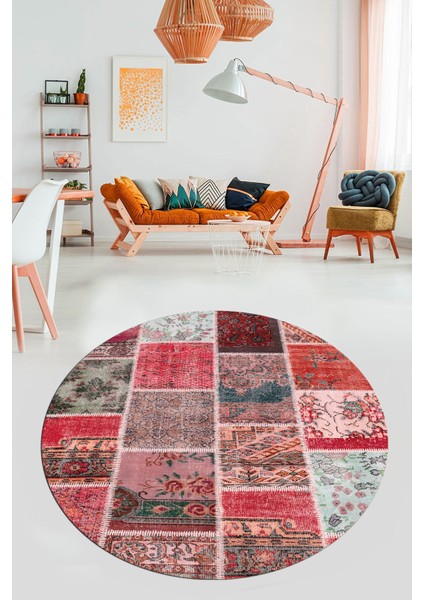 Baskılı Kaymaz Yıkanabilir Patchwork Desen Yuvarlak Mutfak Salon Halısı, Y-Patchwork-04-Kırmızı,