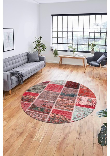 Baskılı Kaymaz Yıkanabilir Patchwork Desen Yuvarlak Mutfak Salon Halısı, Y-Patchwork-04-Kırmızı,