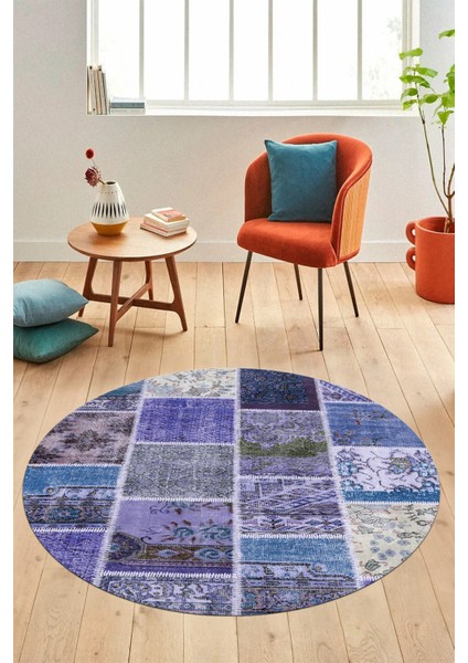 Baskılı Kaymaz Yıkanabilir Patchwork Desen Yuvarlak Mutfak Salon Halısı, Y-Patchwork-04-Mavi, fiyatları