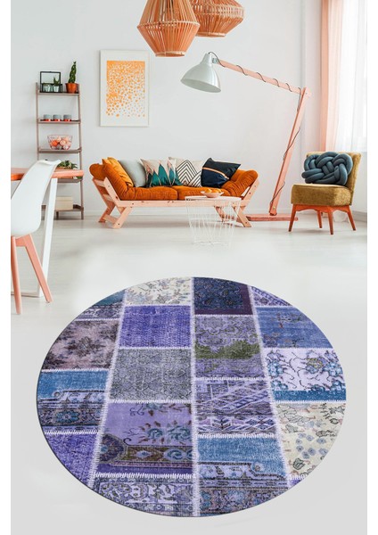 Baskılı Kaymaz Yıkanabilir Patchwork Desen Yuvarlak Mutfak Salon Halısı, Y-Patchwork-04-Mavi, modelleri