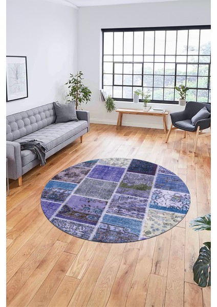 Baskılı Kaymaz Yıkanabilir Patchwork Desen Yuvarlak Mutfak Salon Halısı, Y-Patchwork-04-Mavi, fırsatları