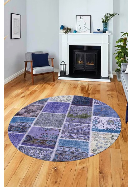 Baskılı Kaymaz Yıkanabilir Patchwork Desen Yuvarlak Mutfak Salon Halısı, Y-Patchwork-04-Mavi, indirimleri