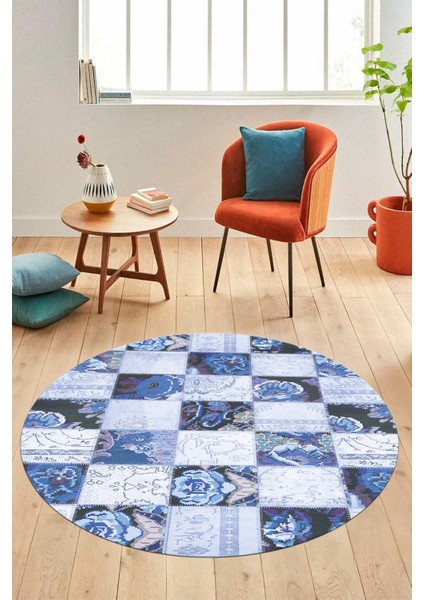 Baskılı Kaymaz Yıkanabilir Patchwork Desen Yuvarlak Mutfak Salon Halısı, Y-Patchwork-19-Mavi,