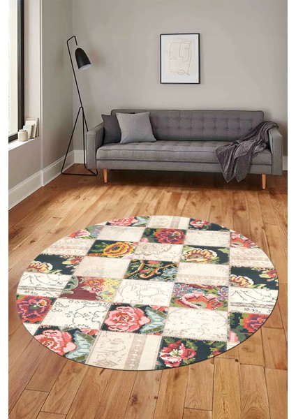 Baskılı Kaymaz Yıkanabilir Patchwork Desen Yuvarlak Mutfak Salon Halısı, Y-Patchwork-19-Renkli,