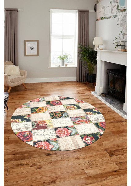 Baskılı Kaymaz Yıkanabilir Patchwork Desen Yuvarlak Mutfak Salon Halısı, Y-Patchwork-19-Renkli,