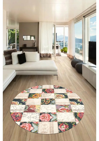 Baskılı Kaymaz Yıkanabilir Patchwork Desen Yuvarlak Mutfak Salon Halısı, Y-Patchwork-19-Renkli,