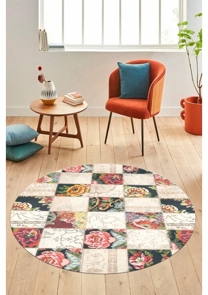 Baskılı Kaymaz Yıkanabilir Patchwork Desen Yuvarlak Mutfak Salon Halısı, Y-Patchwork-19-Renkli,