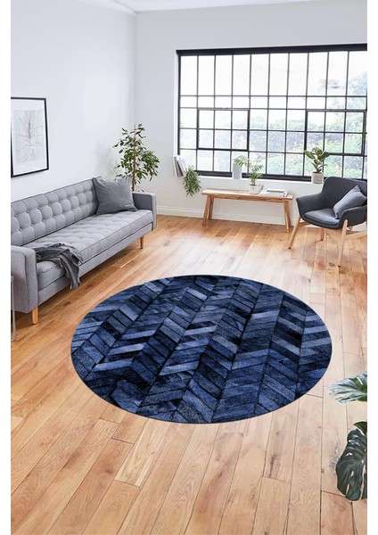 Baskılı Kaymaz Yıkanabilir Patchwork Desen Yuvarlak Mutfak Salon Halısı, Y-Patchwork-13-Mavi,