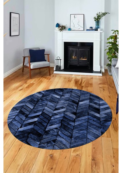 Baskılı Kaymaz Yıkanabilir Patchwork Desen Yuvarlak Mutfak Salon Halısı, Y-Patchwork-13-Mavi,