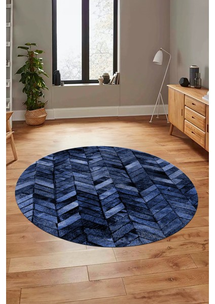 Baskılı Kaymaz Yıkanabilir Patchwork Desen Yuvarlak Mutfak Salon Halısı, Y-Patchwork-13-Mavi,
