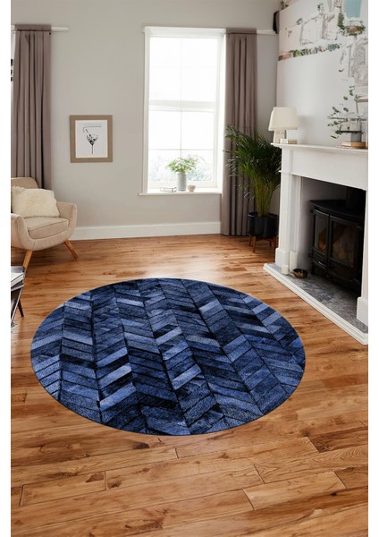 Baskılı Kaymaz Yıkanabilir Patchwork Desen Yuvarlak Mutfak Salon Halısı, Y-Patchwork-13-Mavi,