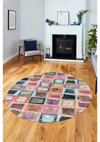 Baskılı Kaymaz Yıkanabilir Patchwork Desen Yuvarlak Mutfak Salon Halısı, Y-Patchwork-14-Renkli,