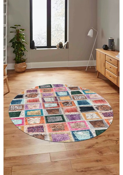 Baskılı Kaymaz Yıkanabilir Patchwork Desen Yuvarlak Mutfak Salon Halısı, Y-Patchwork-14-Renkli, fiyatları