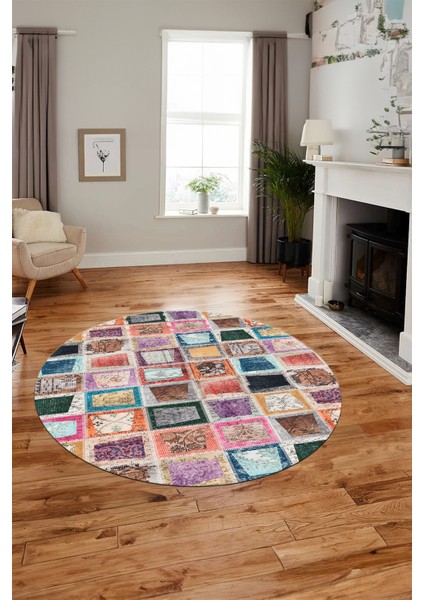 Baskılı Kaymaz Yıkanabilir Patchwork Desen Yuvarlak Mutfak Salon Halısı, Y-Patchwork-14-Renkli, fırsatları