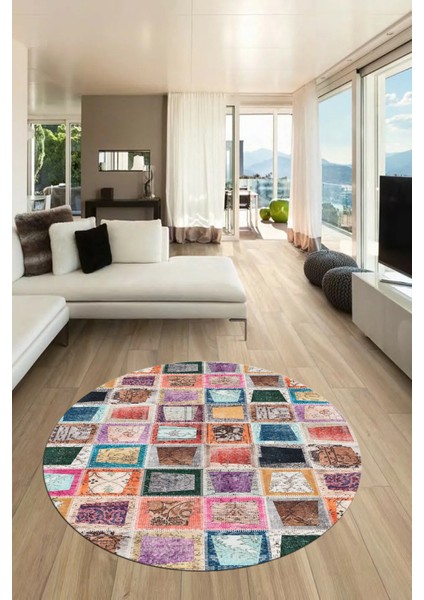 Baskılı Kaymaz Yıkanabilir Patchwork Desen Yuvarlak Mutfak Salon Halısı, Y-Patchwork-14-Renkli, indirimleri