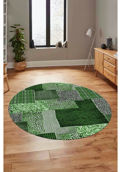 Baskılı Kaymaz Yıkanabilir Patchwork Desen Yuvarlak Mutfak Salon Halısı, Y-Patchwork-15-Yeşil,