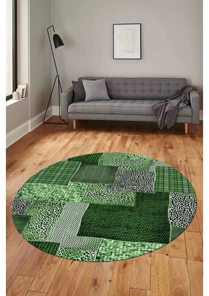 Baskılı Kaymaz Yıkanabilir Patchwork Desen Yuvarlak Mutfak Salon Halısı, Y-Patchwork-15-Yeşil,