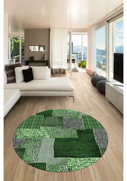 Baskılı Kaymaz Yıkanabilir Patchwork Desen Yuvarlak Mutfak Salon Halısı, Y-Patchwork-15-Yeşil,