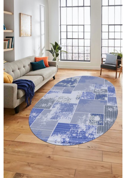 Baskılı Kaymaz Taban Yıkanabilir Patchwork Desen Oval Yolluk Salon Halısı, O-Patchwork-20-Mavi,