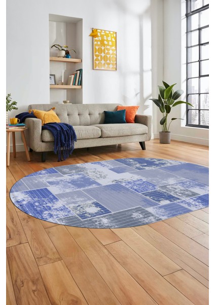 Baskılı Kaymaz Taban Yıkanabilir Patchwork Desen Oval Yolluk Salon Halısı, O-Patchwork-20-Mavi, fiyatları