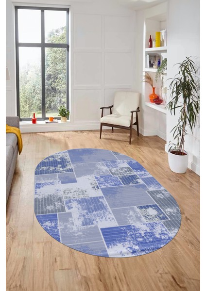 Baskılı Kaymaz Taban Yıkanabilir Patchwork Desen Oval Yolluk Salon Halısı, O-Patchwork-20-Mavi, modelleri