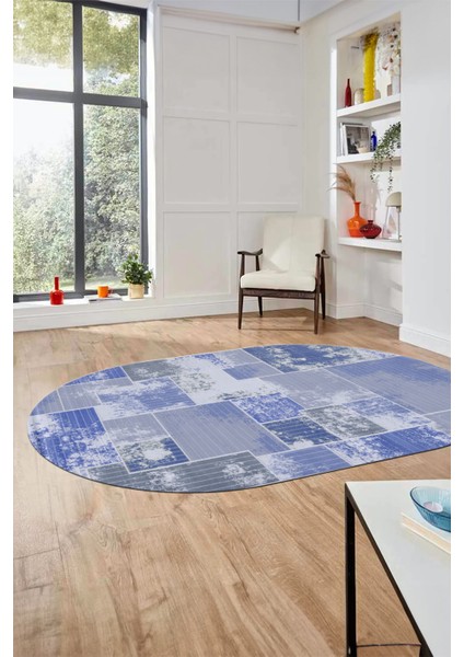 Baskılı Kaymaz Taban Yıkanabilir Patchwork Desen Oval Yolluk Salon Halısı, O-Patchwork-20-Mavi, fırsatları