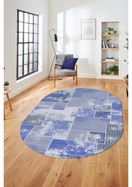 Baskılı Kaymaz Taban Yıkanabilir Patchwork Desen Oval Yolluk Salon Halısı, O-Patchwork-20-Mavi, indirimleri