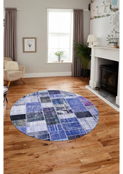 Baskılı Kaymaz Yıkanabilir Patchwork Desen Yuvarlak Mutfak Salon Halısı, Y-Patchwork-03-Mavi,