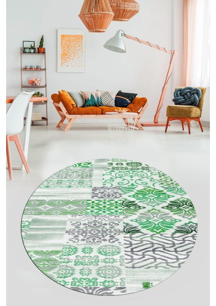 Baskılı Kaymaz Yıkanabilir Patchwork Desen Yuvarlak Mutfak Salon Halısı, Y-Patchwork-02-Yeşil, fırsatları