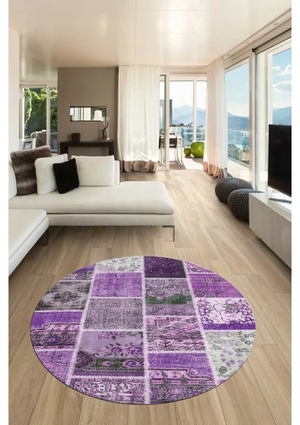 Baskılı Kaymaz Yıkanabilir Patchwork Desen Yuvarlak Mutfak Salon Halısı, Y-Patchwork-04-Mor,