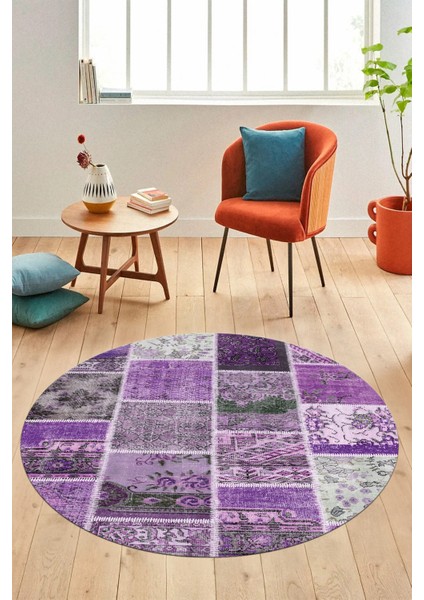 Baskılı Kaymaz Yıkanabilir Patchwork Desen Yuvarlak Mutfak Salon Halısı, Y-Patchwork-04-Mor, fiyatları