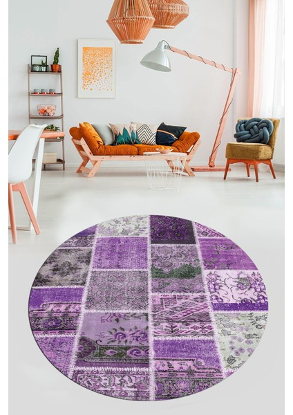 Baskılı Kaymaz Yıkanabilir Patchwork Desen Yuvarlak Mutfak Salon Halısı, Y-Patchwork-04-Mor, modelleri