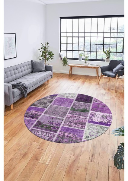Baskılı Kaymaz Yıkanabilir Patchwork Desen Yuvarlak Mutfak Salon Halısı, Y-Patchwork-04-Mor, fırsatları