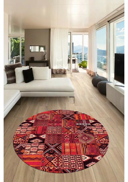 Baskılı Kaymaz Yıkanabilir Patchwork Desen Yuvarlak Mutfak Salon Halısı, Y-Patchwork-06-Kırmızı,