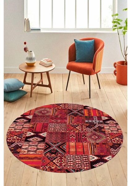 Baskılı Kaymaz Yıkanabilir Patchwork Desen Yuvarlak Mutfak Salon Halısı, Y-Patchwork-06-Kırmızı, fiyatları