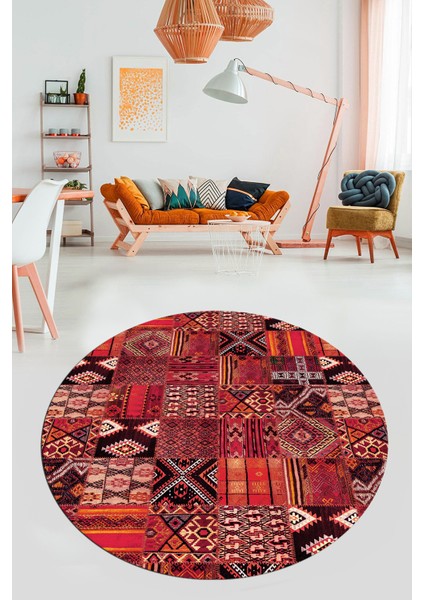 Baskılı Kaymaz Yıkanabilir Patchwork Desen Yuvarlak Mutfak Salon Halısı, Y-Patchwork-06-Kırmızı, modelleri