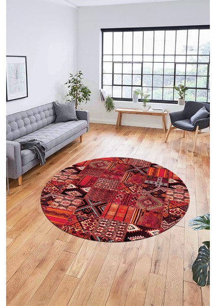 Baskılı Kaymaz Yıkanabilir Patchwork Desen Yuvarlak Mutfak Salon Halısı, Y-Patchwork-06-Kırmızı, fırsatları