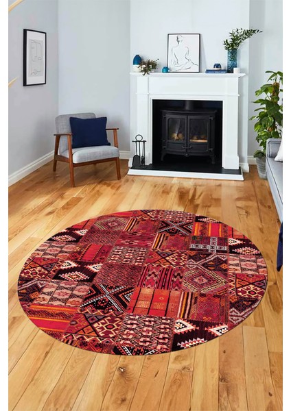 Baskılı Kaymaz Yıkanabilir Patchwork Desen Yuvarlak Mutfak Salon Halısı, Y-Patchwork-06-Kırmızı, indirimleri