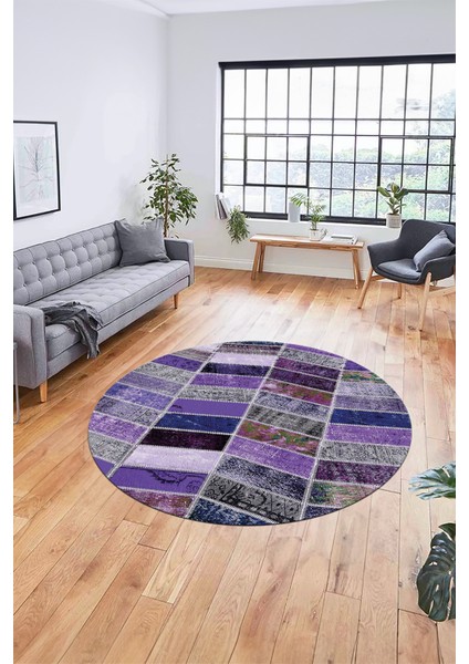 Baskılı Kaymaz Yıkanabilir Patchwork Desen Yuvarlak Mutfak Salon Halısı, Y-Patchwork-10-Mor, fiyatları