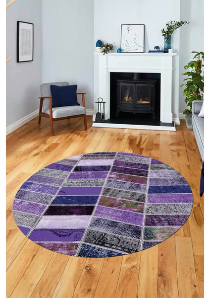 Baskılı Kaymaz Yıkanabilir Patchwork Desen Yuvarlak Mutfak Salon Halısı, Y-Patchwork-10-Mor, modelleri