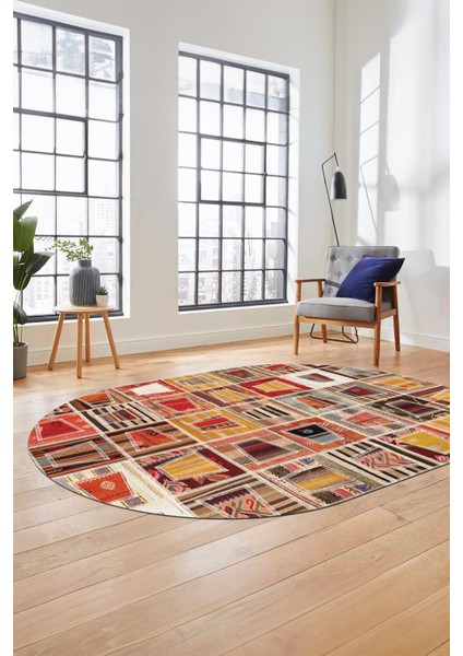 Baskılı Kaymaz Taban Yıkanabilir Patchwork Desen Oval Yolluk Salon Halısı, O-Patchwork-11-Renkli, fiyatları