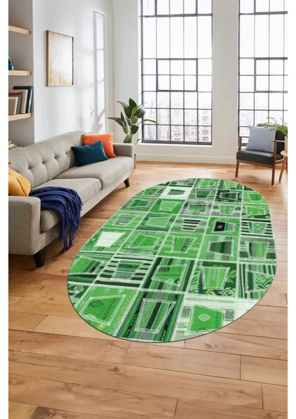 Baskılı Kaymaz Taban Yıkanabilir Patchwork Desen Oval Yolluk Salon Halısı, O-Patchwork-11-Yeşil, indirimleri
